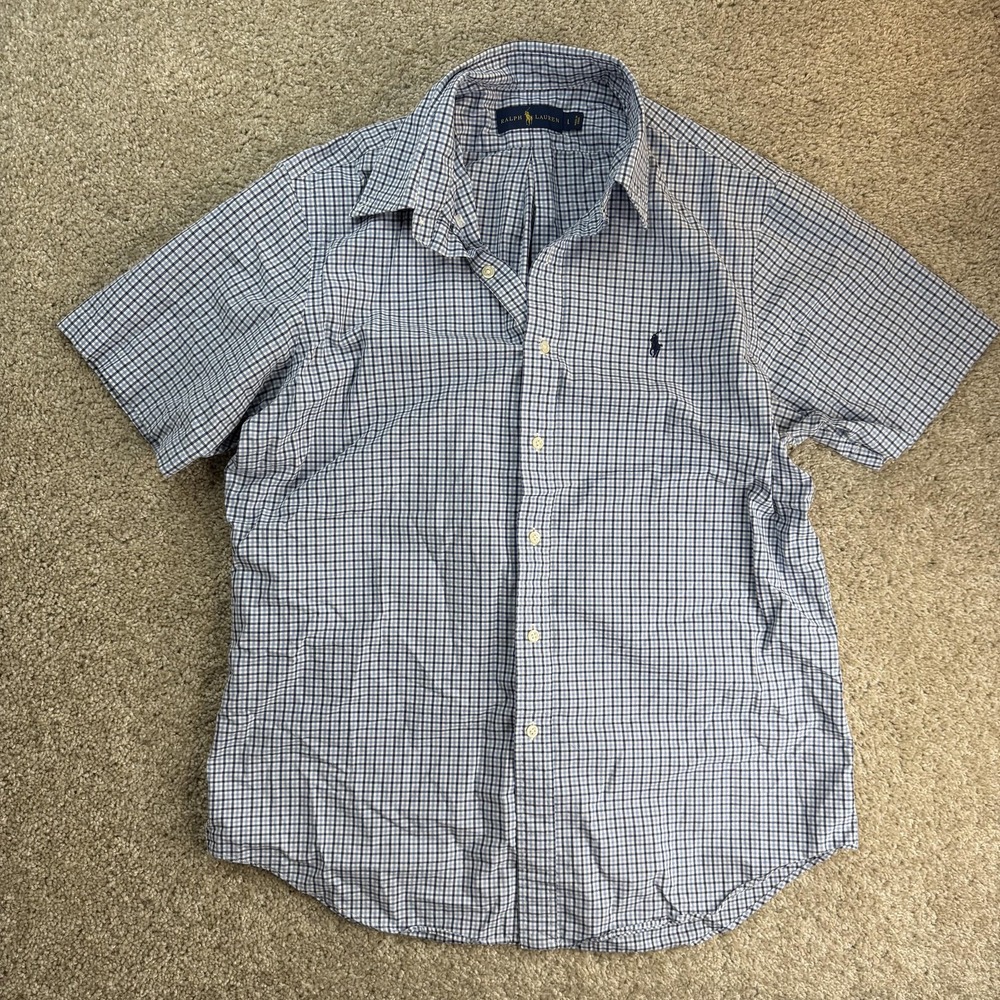 Ralph Lauren Shirt Mens Large Blue Check Short Sleeve Button Up Casual Pony Logo